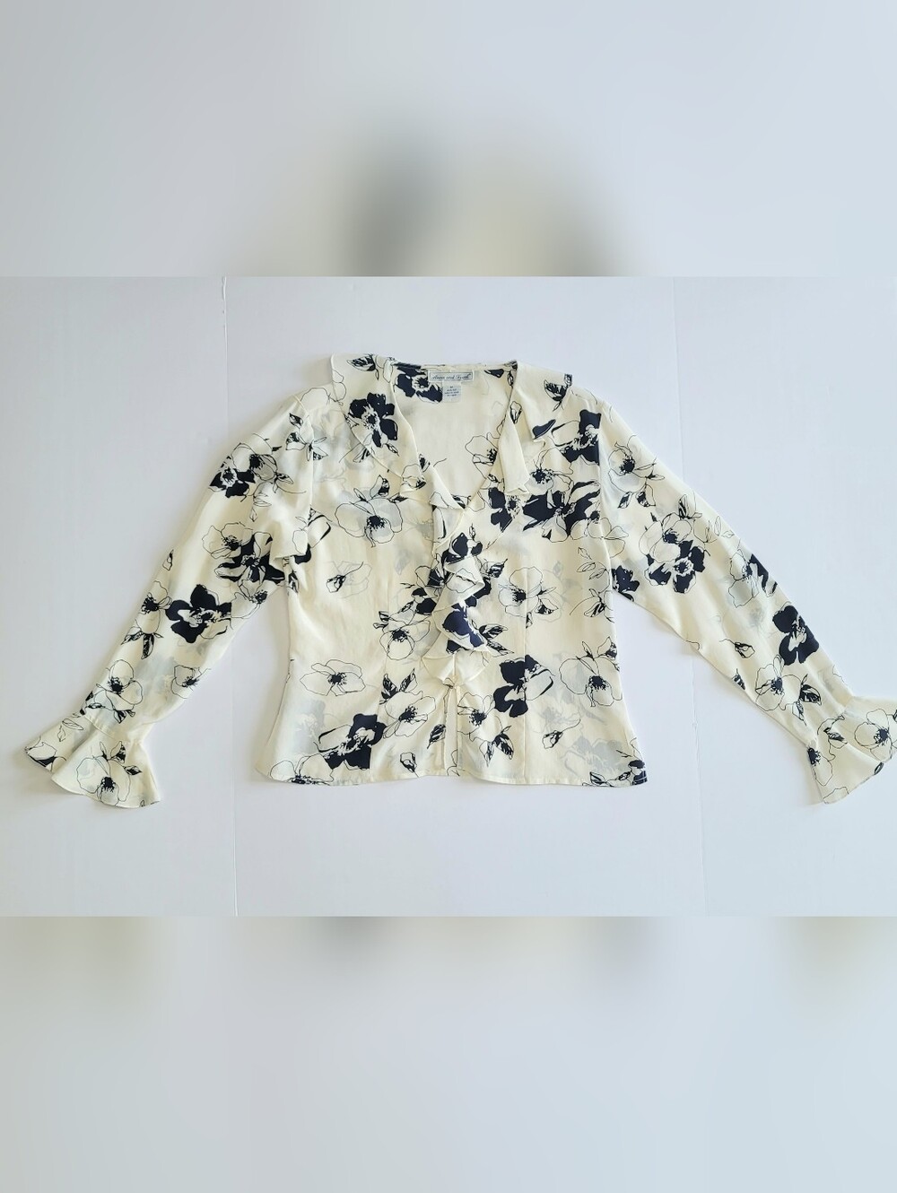 Vintage Silk Ruffle Long Sleeve Navy Floral Blouse Top Cottagecore Romantic M